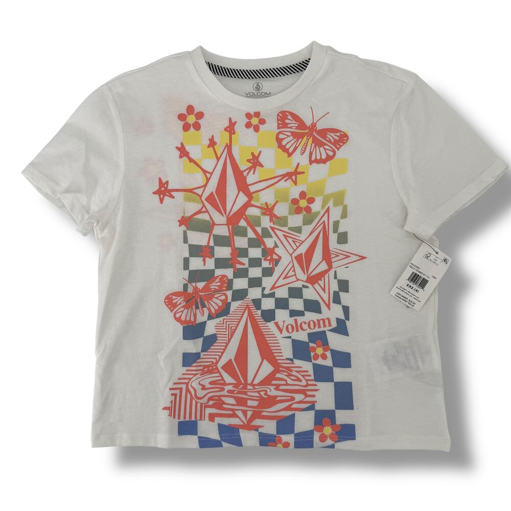 Volcom Truly Stoked Butterefly Print T Shirt Top Girls Sz XXS 4 Logo
